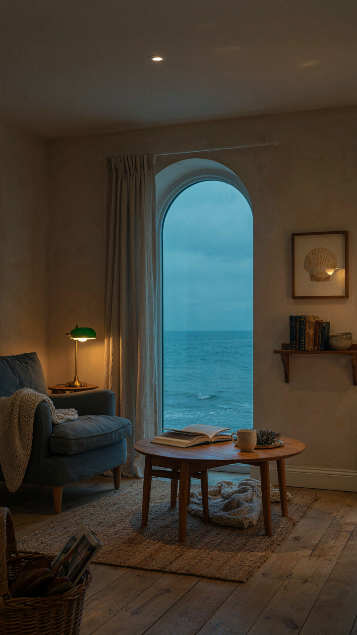 A cozy living room with layered lighting creating depth at dusk.