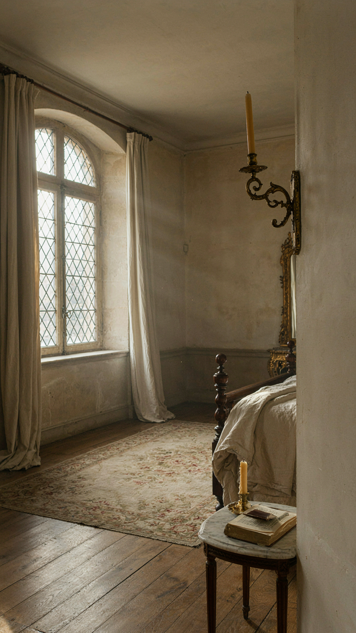 A French chateau bedroom with morning light from a large window.