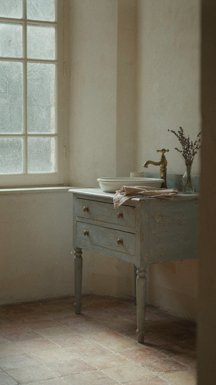 A large frosted window brings soft, diffused light into a French country bathroom.
