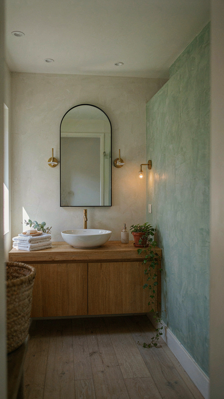 Layered lighting illuminates a coastal cottage bathroom with task, ambient, and accent lights.