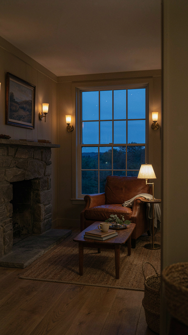 A cabin living room with layered lighting, including wall sconces and a reading lamp.