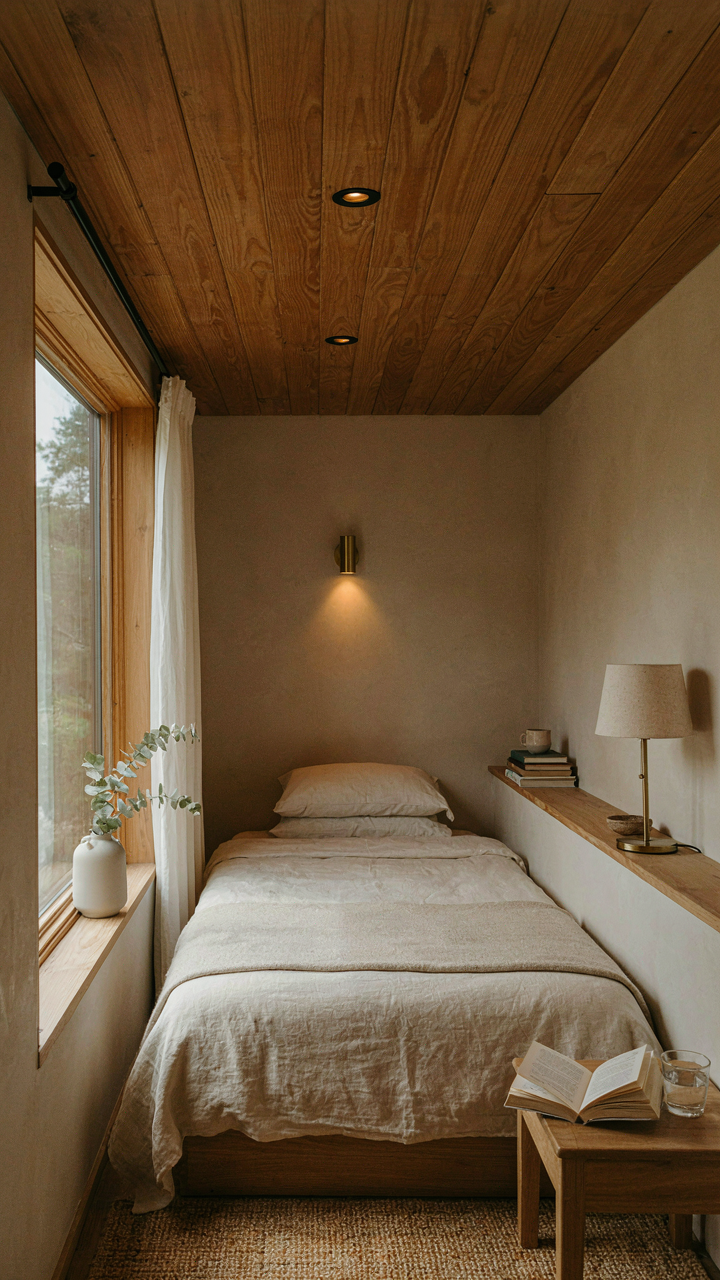 A tiny cabin loft bedroom showing layered lighting from ceiling, wall, and desk lamps.