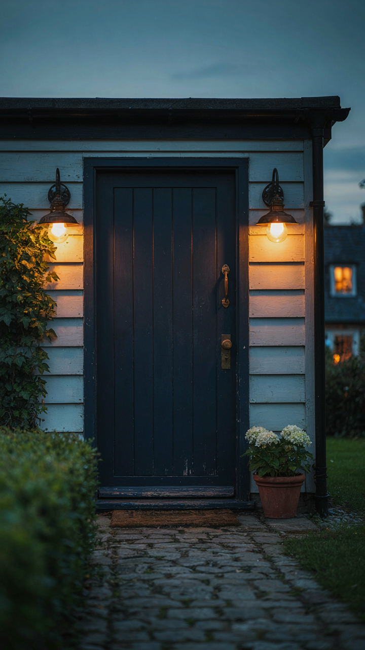 Warm sconce lights illuminate a dark blue cottage front door at twilight.