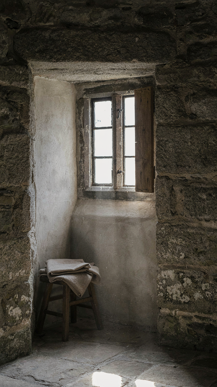 A small window in a thick stone wall of a scottish cottage with bright light.