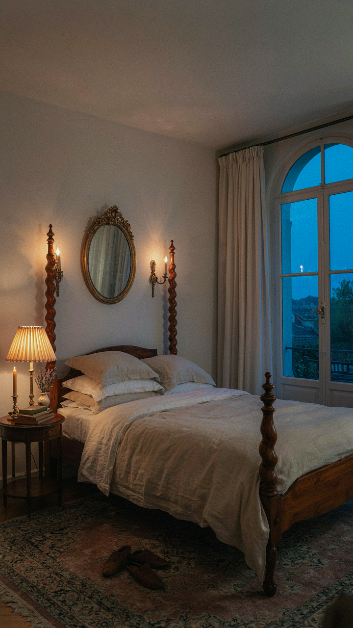A french provincial bedroom shows layered lighting from sconces and a bedside lamp.