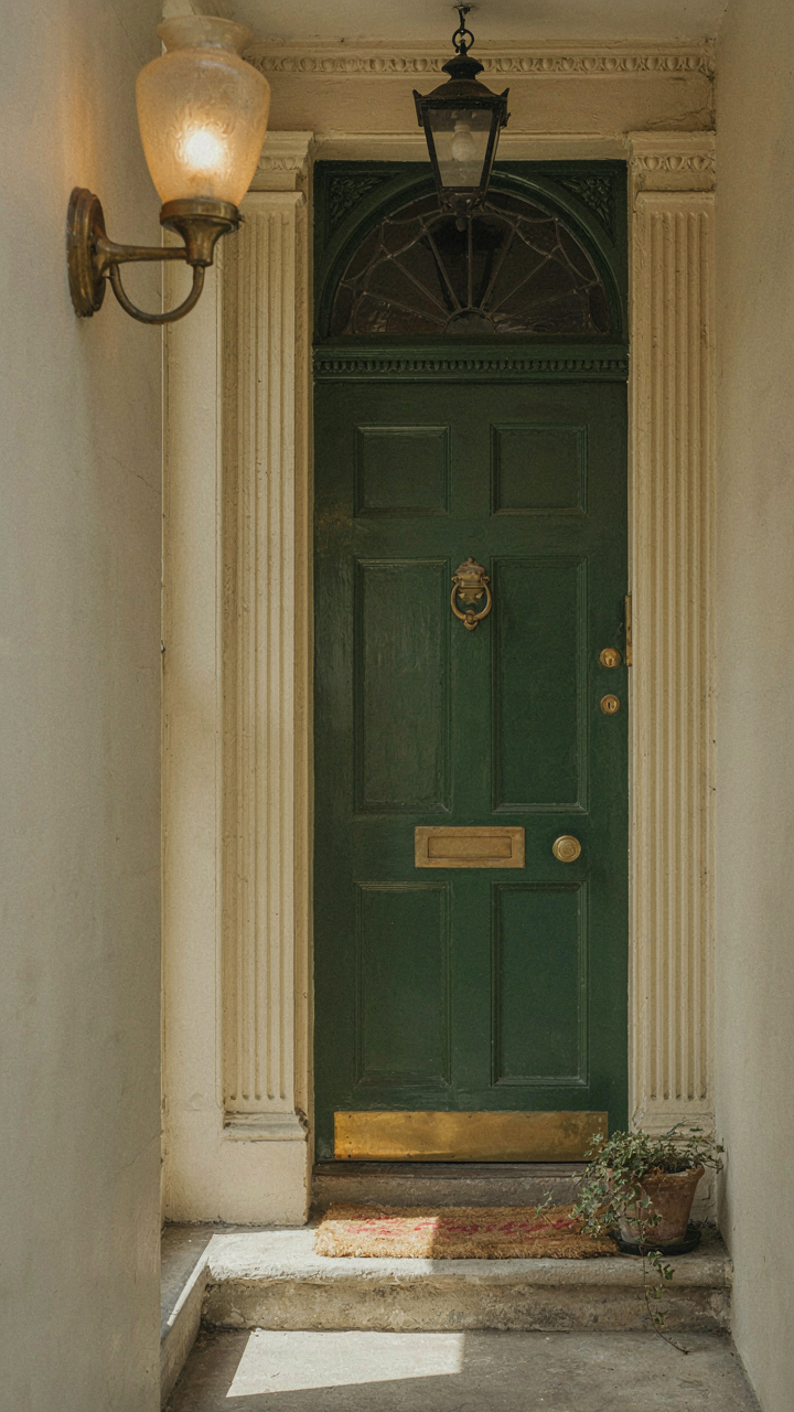 Vintage-style sconce and lantern lighting a victorian porch entrance at night.