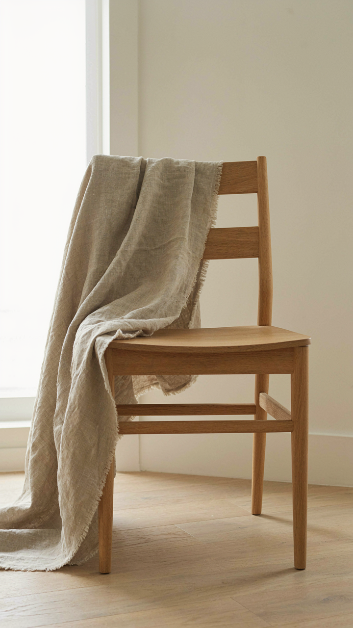 A soft, textured linen throw draped over a pale oak chair.