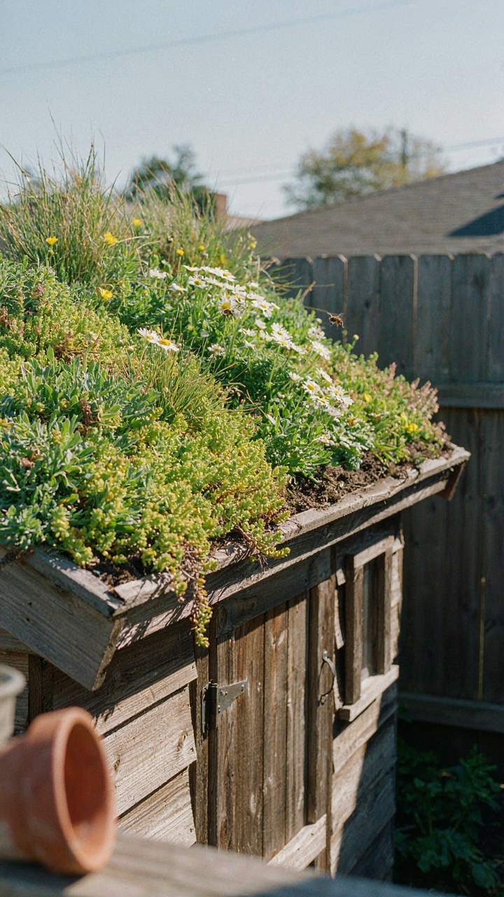 A green living roof with healthy plants on a garden shed.
