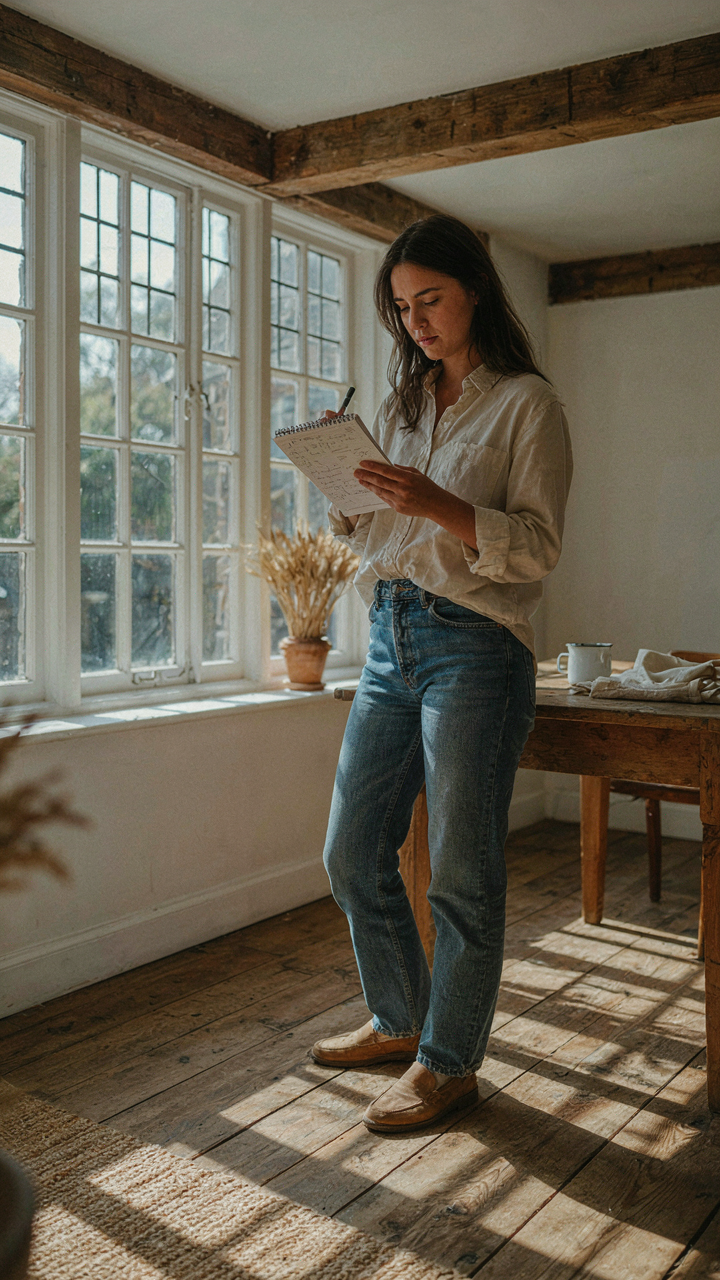 A person observes sunlight angles in a farmhouse loft, taking notes in a notebook.
