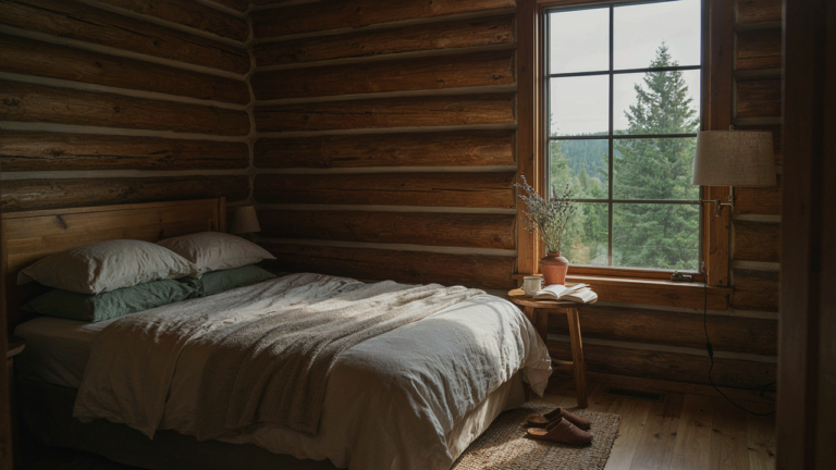 A serene log cabin bedroom with a neatly made bed and a large window facing a forest.