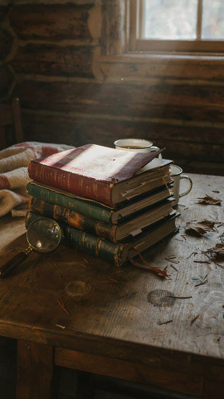 A stack of well-used field guides sits on a solid wooden table in a log cabin.