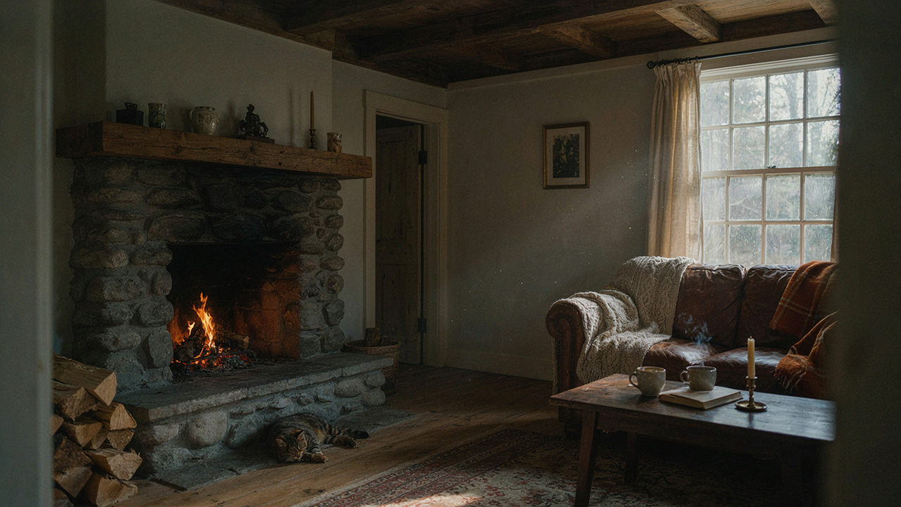 A warm and inviting log cabin living room with a crackling fire in a stone fireplace.