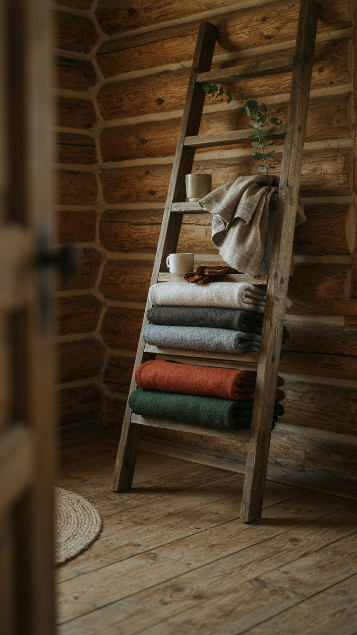 A rustic wooden ladder shelf holds blankets in a small log cabin room.