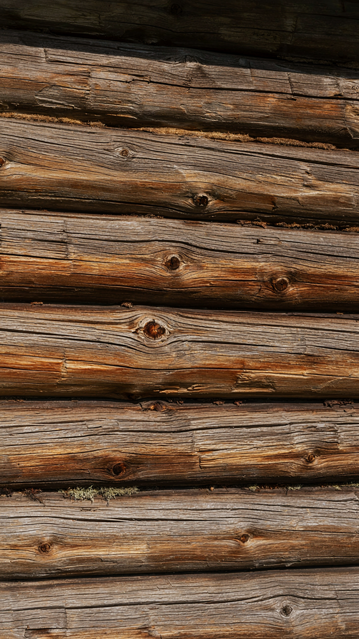 A close-up of a log cabin wall highlighting natural wood grain and knots.