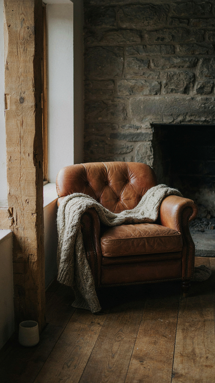 A leather armchair with a wool throw sits by a stone fireplace in a cabin.