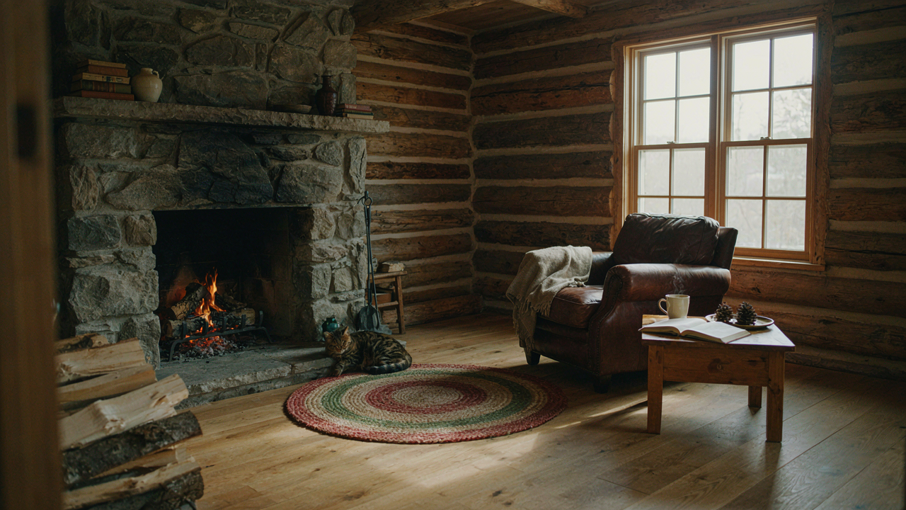 A warm and inviting log cabin interior with a stone fireplace and comfortable furniture.