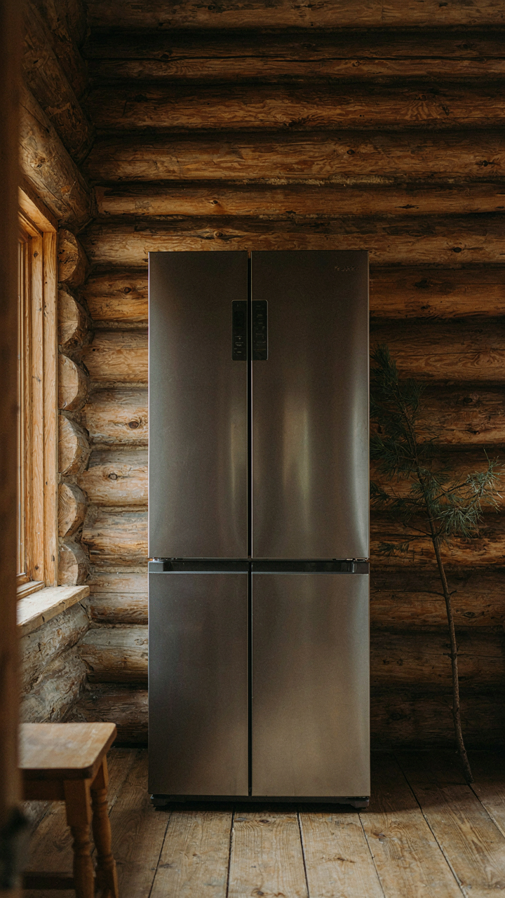 A modern stainless steel refrigerator contrasts with a rustic weathered log wall in a cabin kitchen.