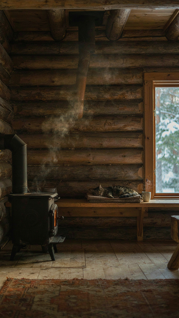 Warm air rises from a wood stove inside a Finnish log cabin.