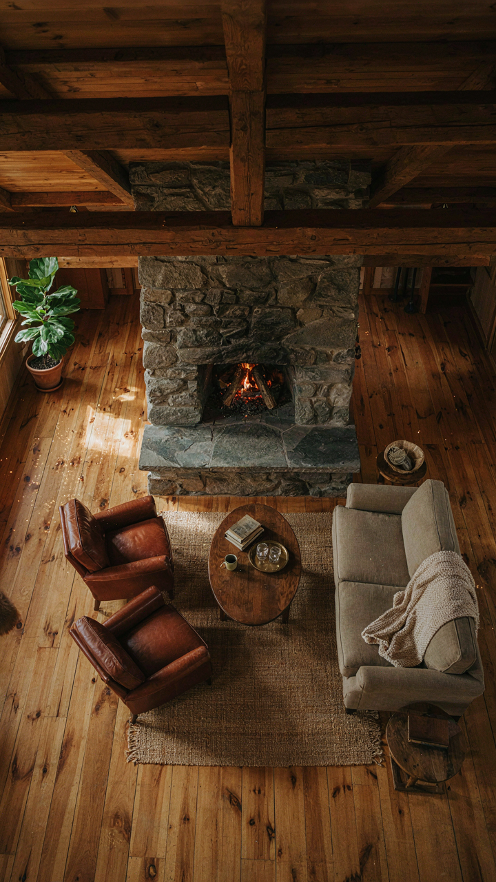 An aerial view of a cabin living room, with furniture arranged around a fireplace.