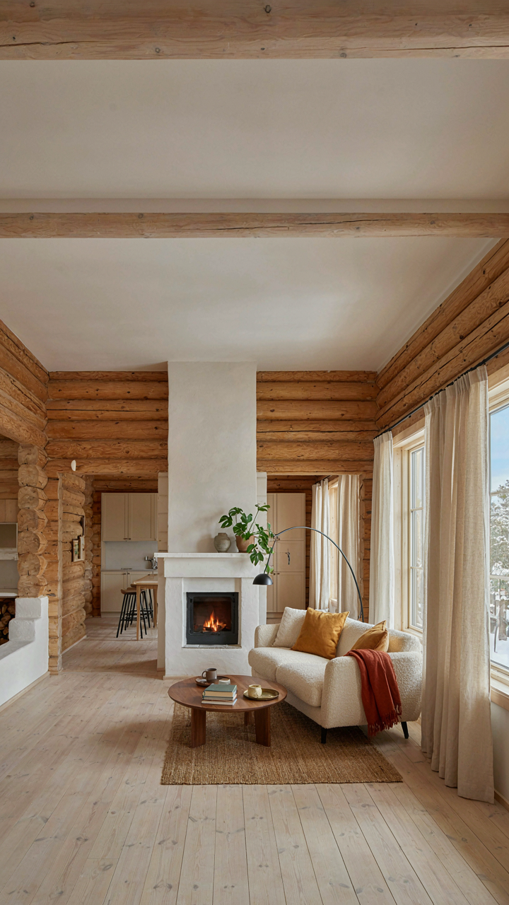 Open floor plan scandinavian log cabin with white walls and fireplace.
