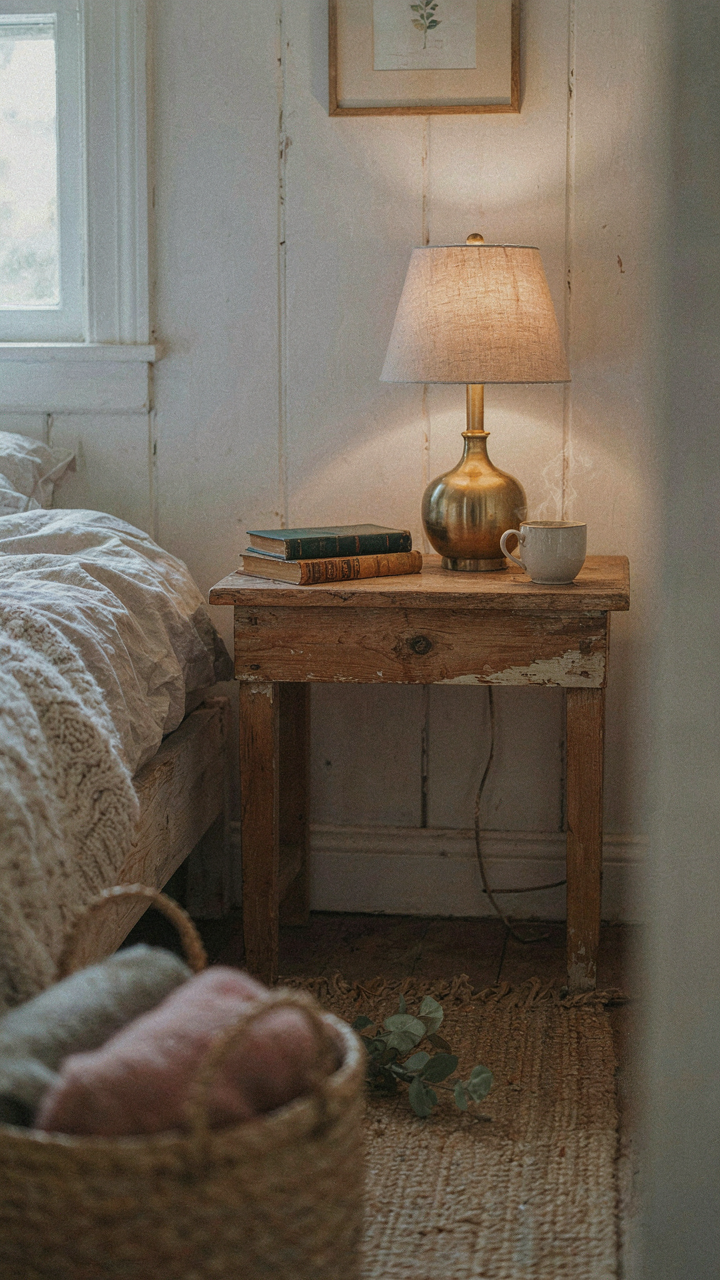 A rustic farmhouse bedroom corner glows with soft light from a lamp on a wooden table.