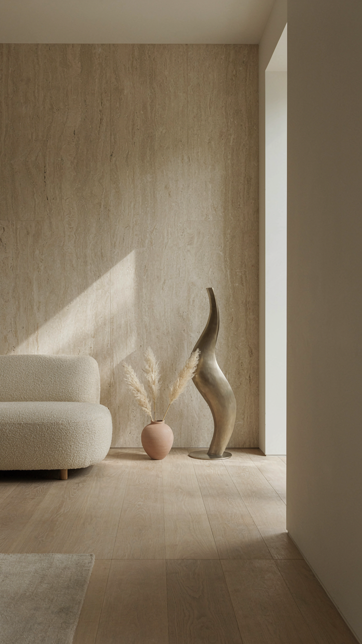 A minimalist living room with a limestone wall and metal sculpture.