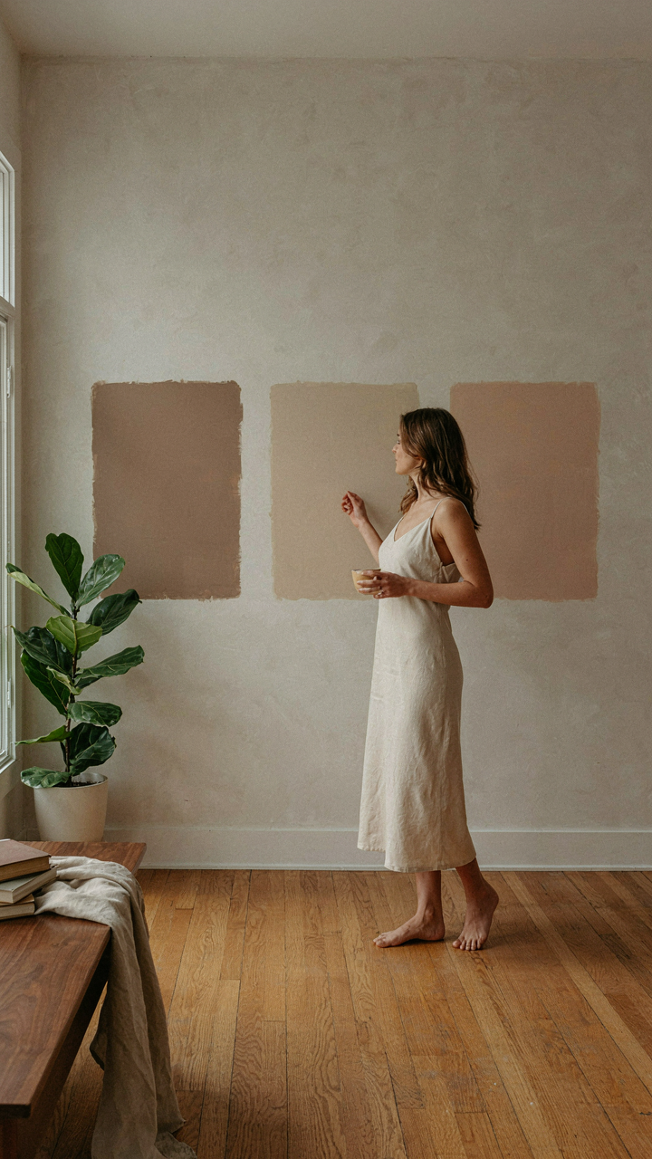 Three warm neutral paint swatches on a wall, observed by a person.