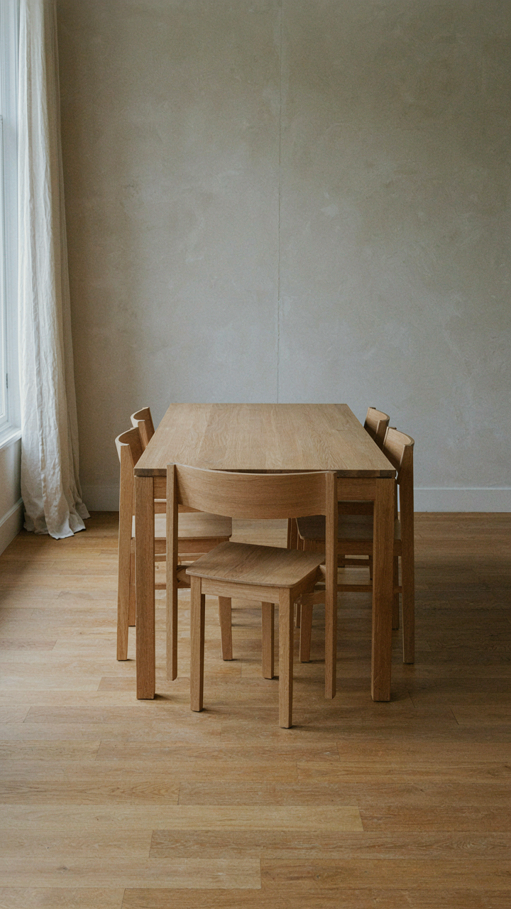 A solid wooden dining table anchors a simple, functional room.