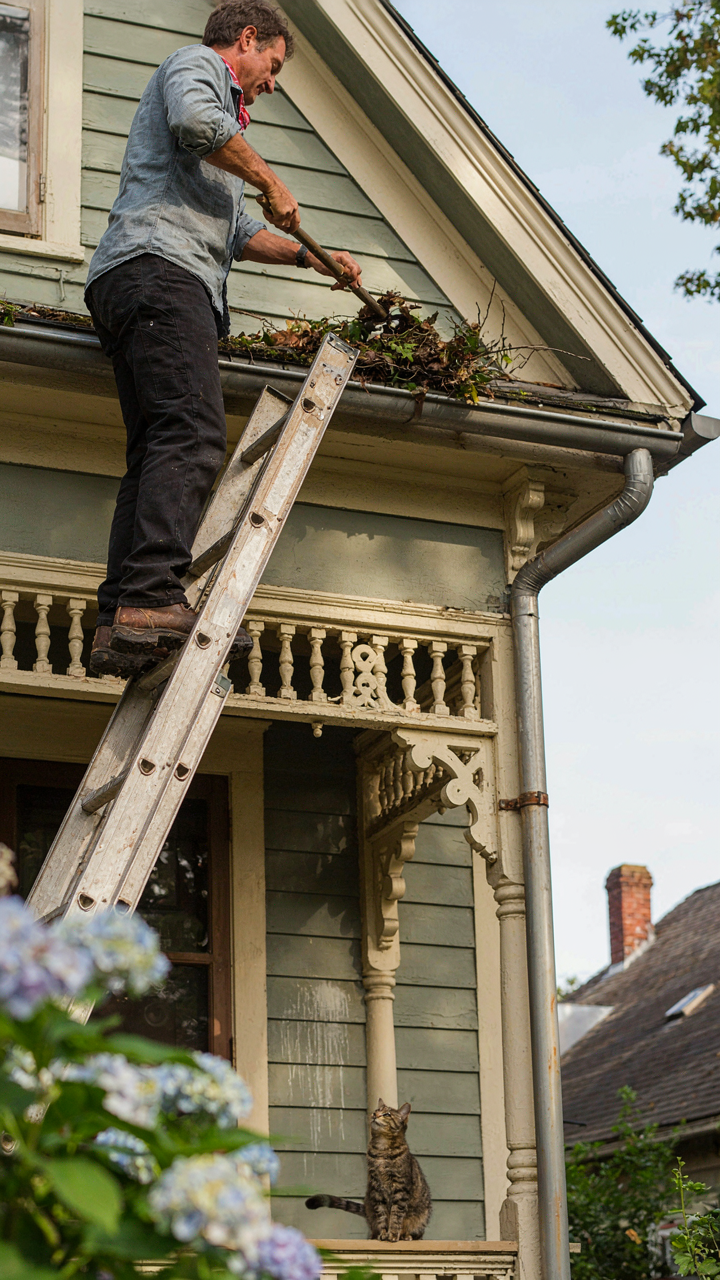 A homeowner cleaning overflowing gutters above victorian porch trim.