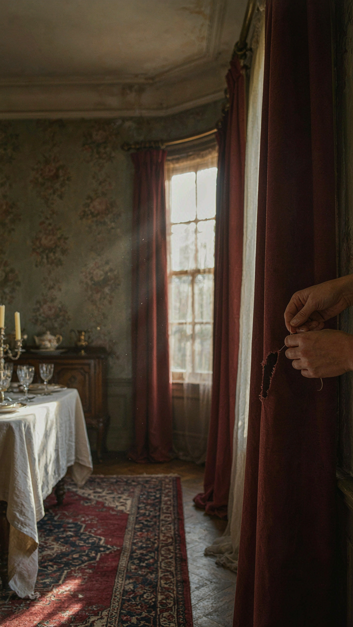 A person's hands mend a small tear in a curtain within a Victorian dining room.