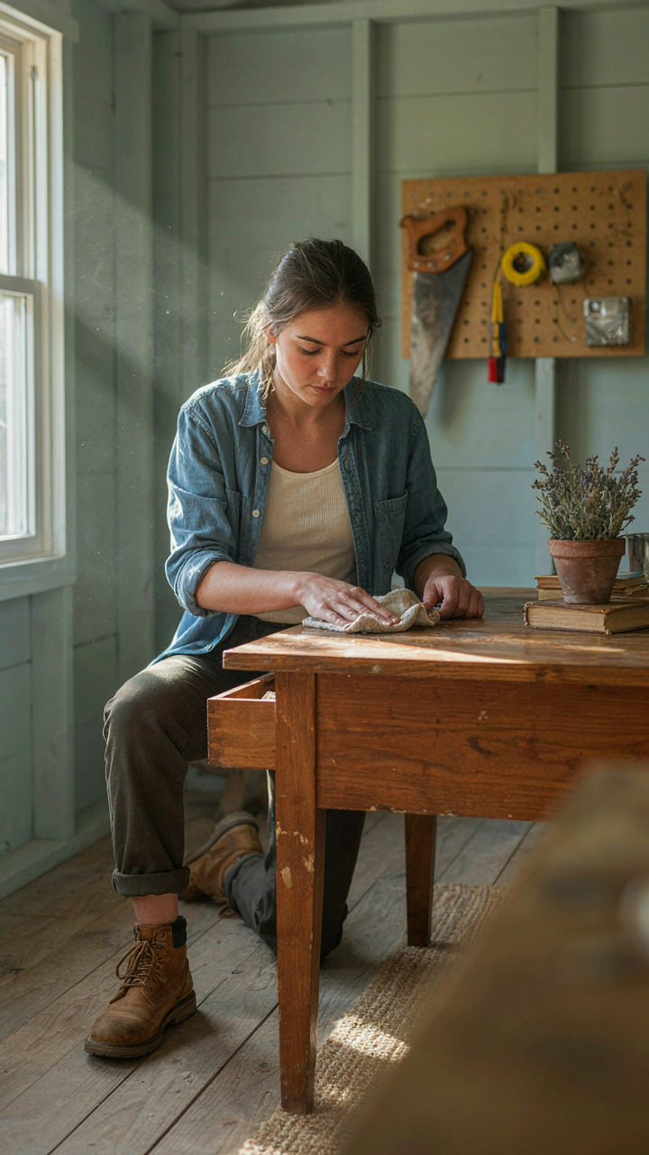 A person wiping dust from a vintage wooden table in a she shed.