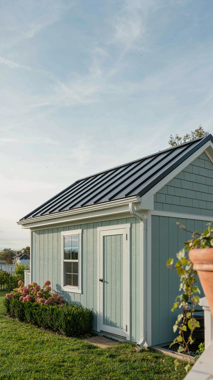 A well-maintained shed with a new roof and clean gutters.