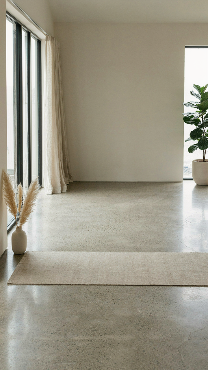 A polished concrete floor reflecting light, with a durable area rug in a small space.