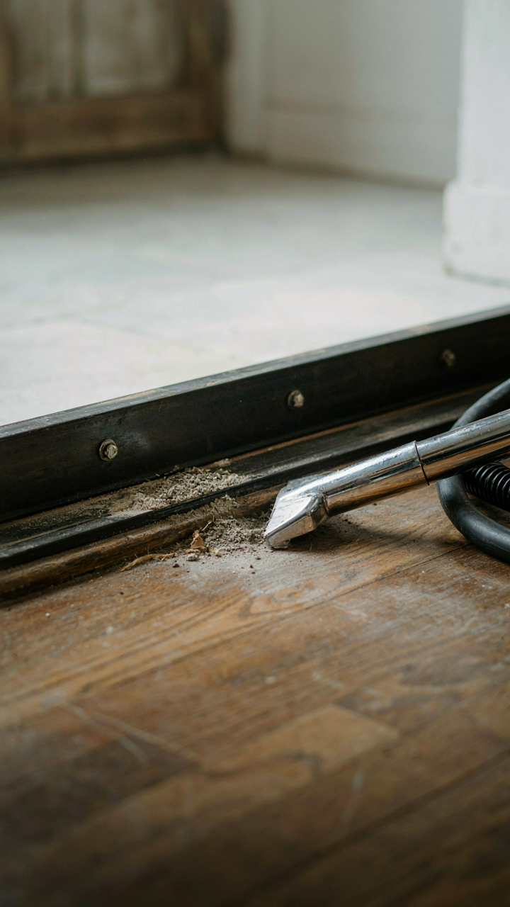 Dust and debris in a sliding barn door track with a vacuum attachment.