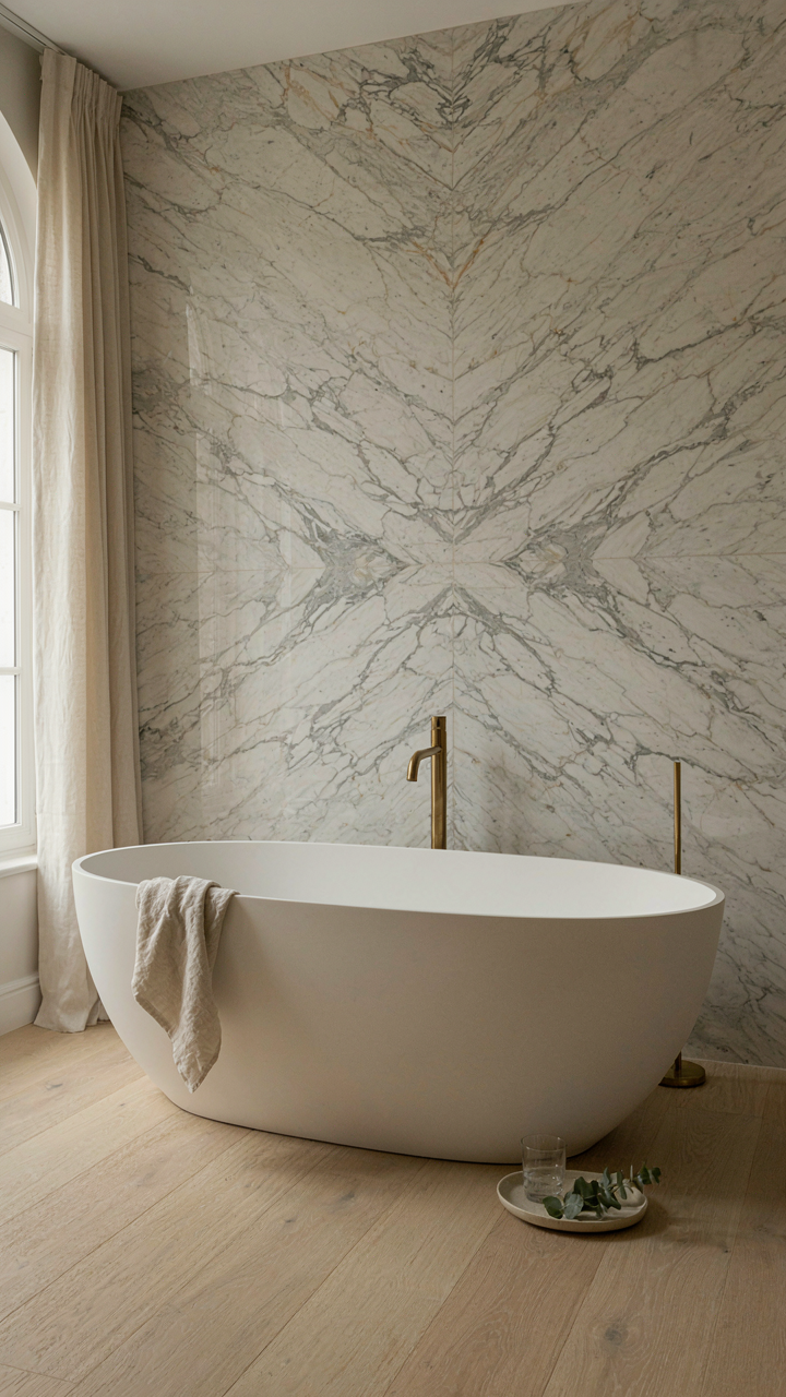 A honed Calacatta marble accent wall behind a bathtub in a chateau style bathroom.