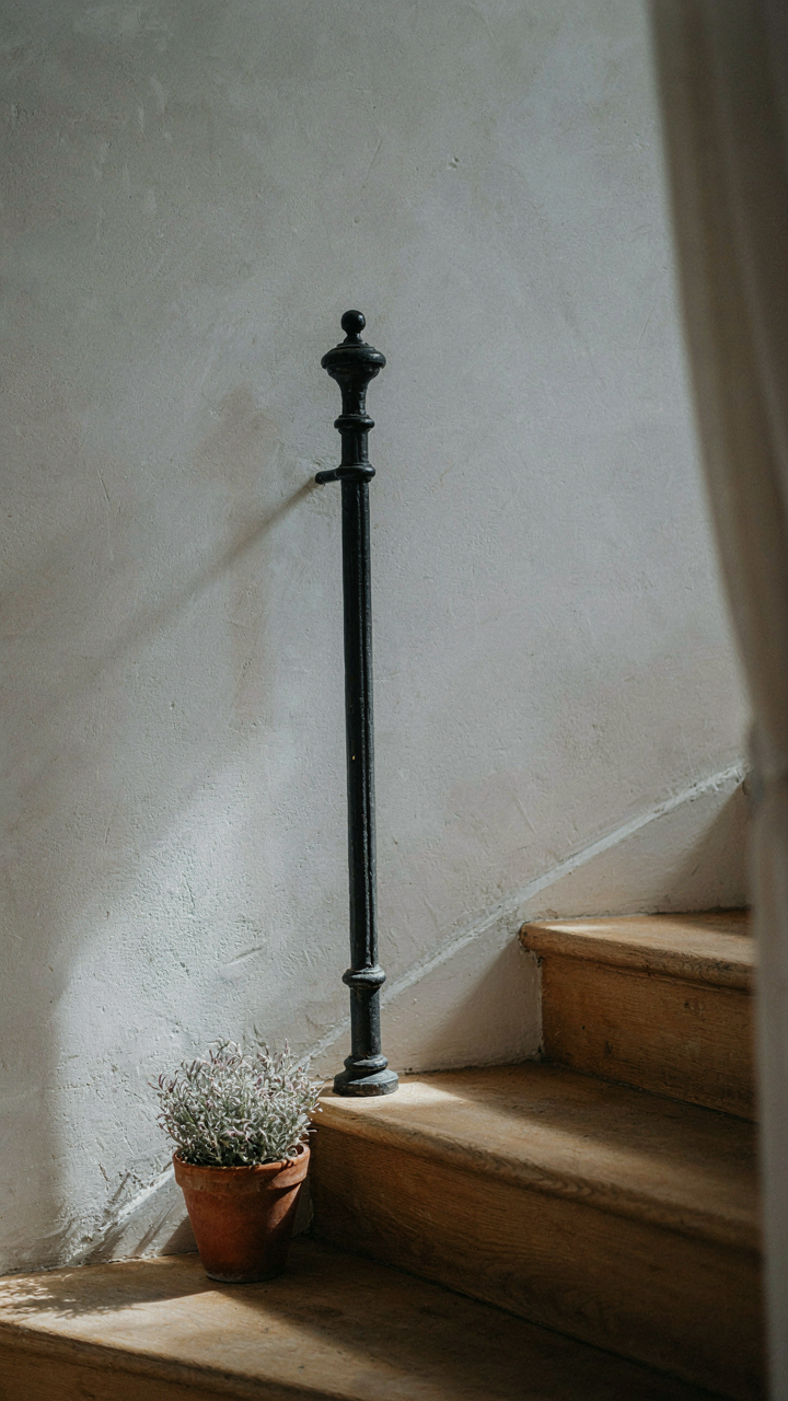 A simple iron newel post anchors a refined French country staircase.