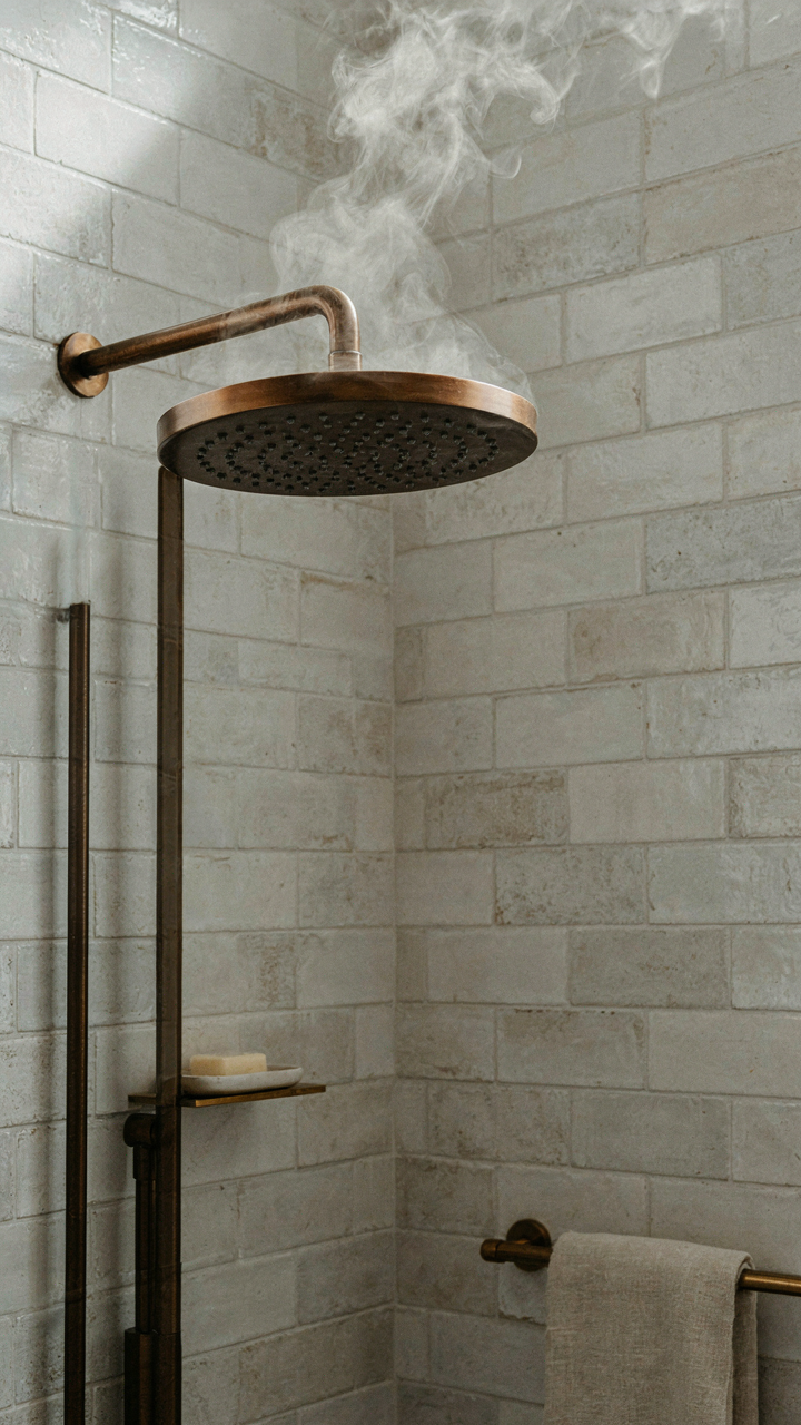 An oil-rubbed bronze rainfall showerhead on a wall of vintage subway tiles.