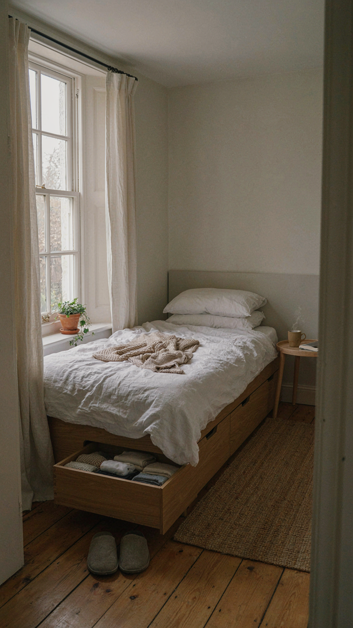 A built-in bed frame with an open drawer showing organized socks in a tiny cottage bedroom.