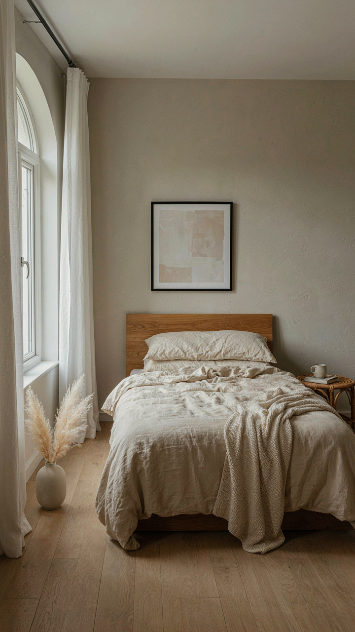 A modern farmhouse bedroom with a large wooden headboard and cream linen bedding.
