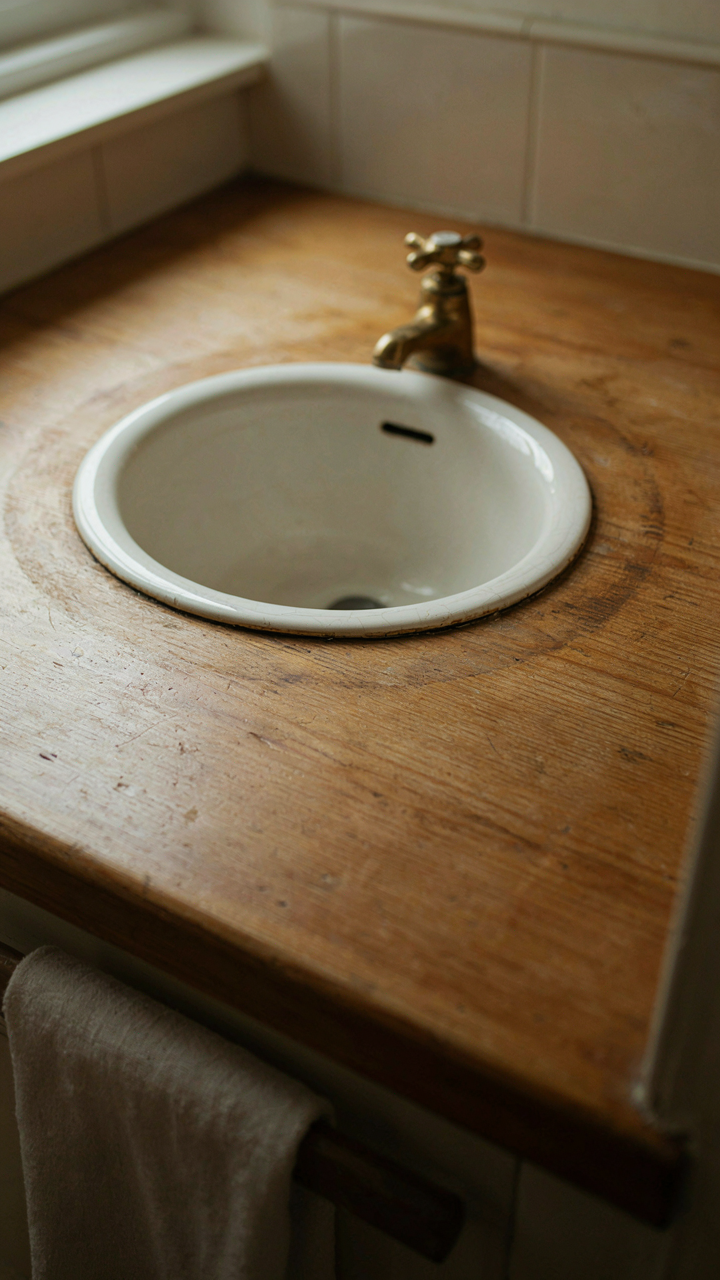 A close-up of a worn wooden countertop with a ceramic sink.