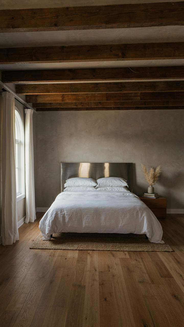 A barn loft bedroom in warm gray with exposed beams and a reflective headboard.