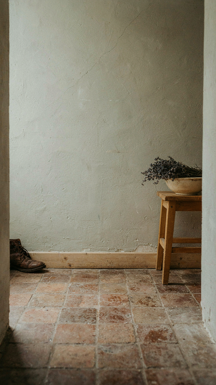 A matte-painted wall next to a mud-stained ceramic tile floor.