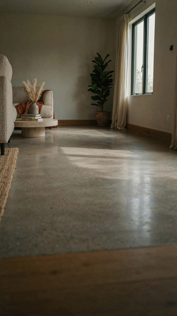 Polished concrete floors reflect light in a modern bungalow interior.