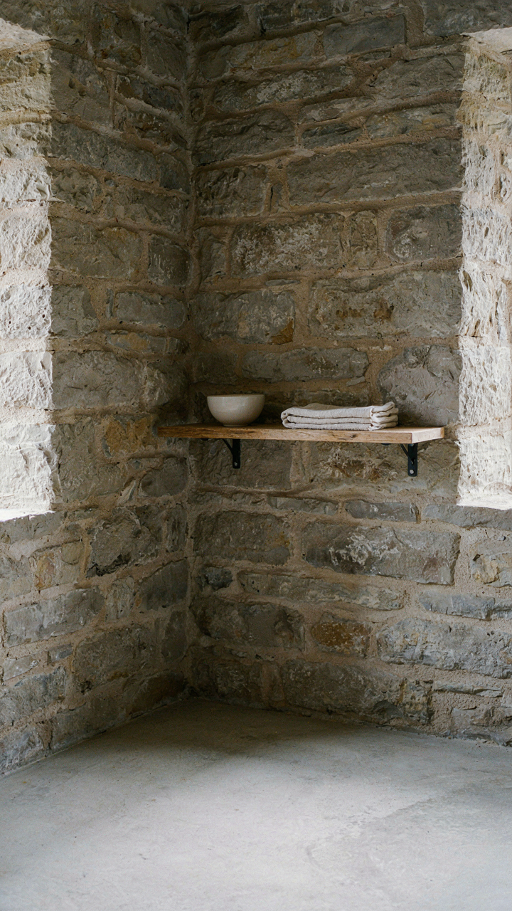 An interior corner of a scottish cottage with raw stone walls and a concrete floor.