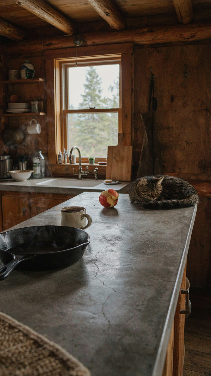 A concrete countertop with natural patina in a rustic small cabin kitchen.
