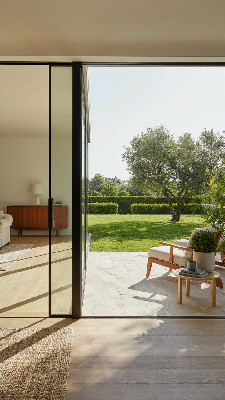 A modern glass sliding wall connects a mid century ranch home to its patio.