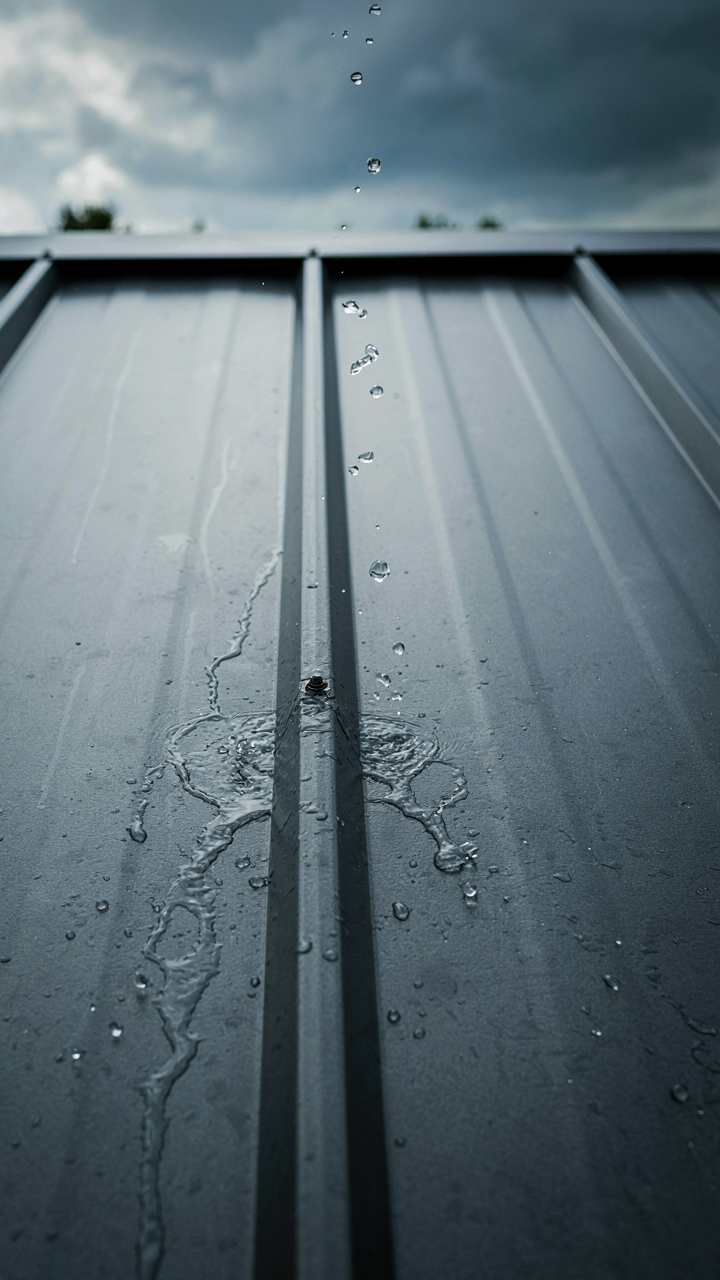 Rainwater shedding quickly from a standing seam metal roof.