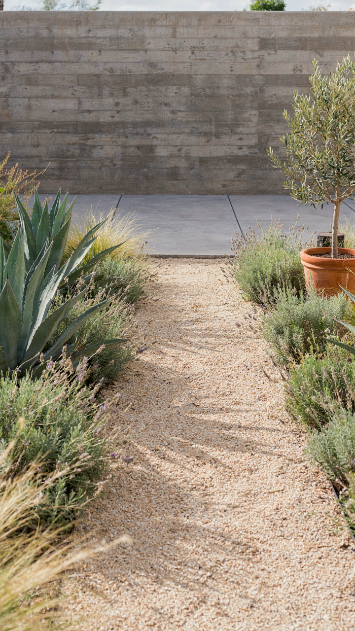 A gravel pathway connects to a concrete patio bordered by native plants.