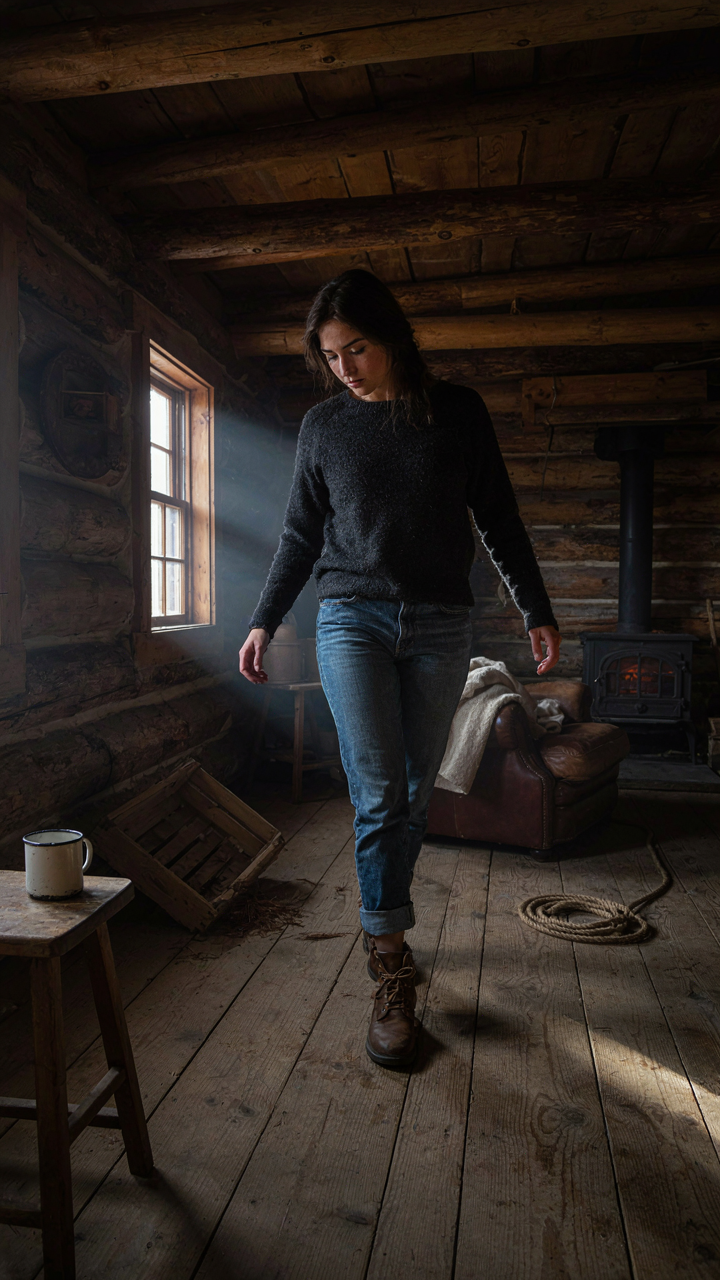A person walks through a dimly lit cabin, navigating a clear path.