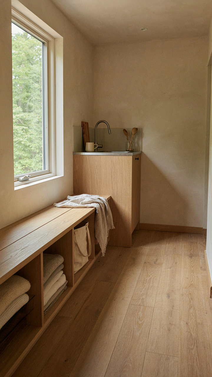 A guest cabin interior shows a built-in bench and a simple, functional kitchenette.